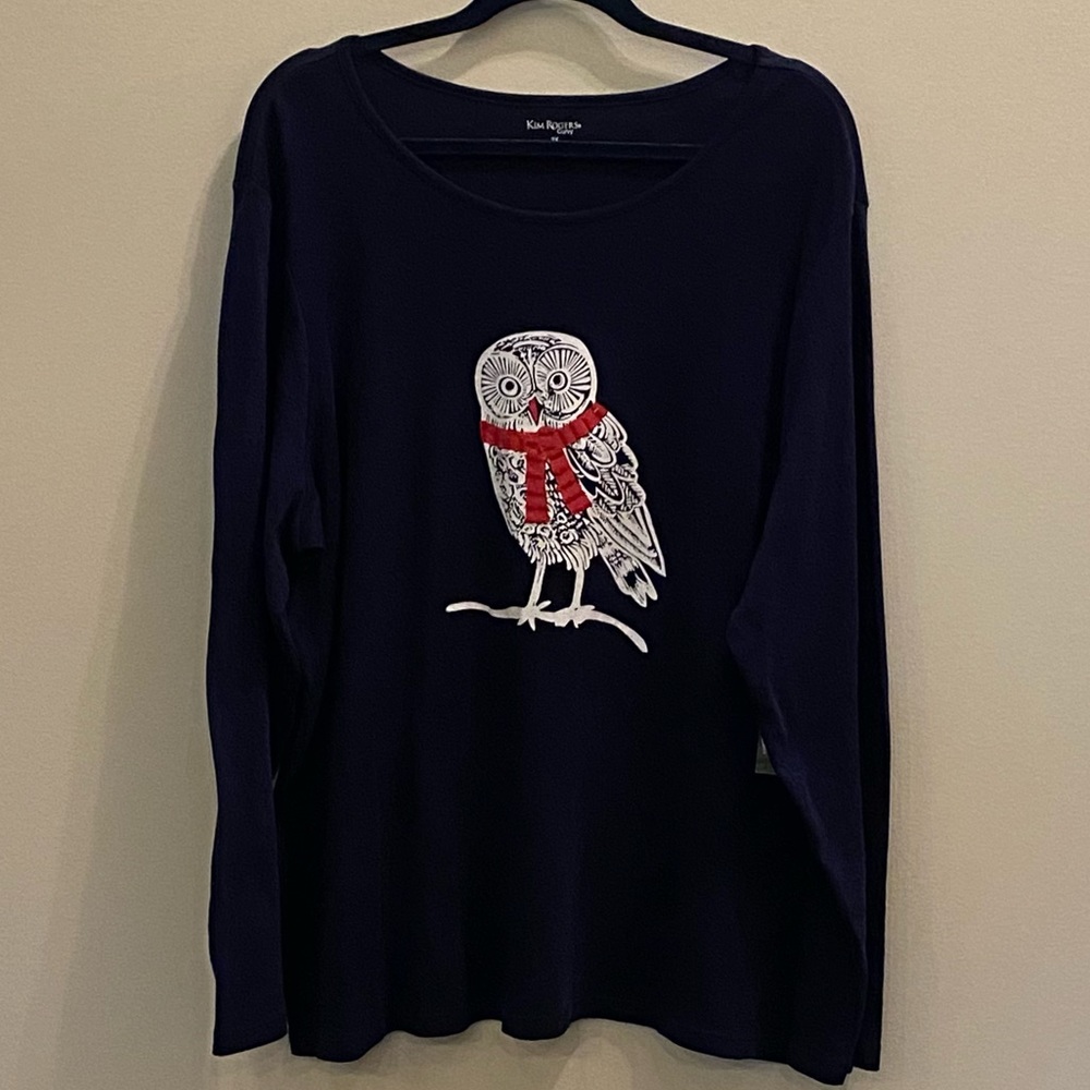 Kim Rogers Long Sleeved Tee.  Navy with White Owl wearing Red Scarf.      2X